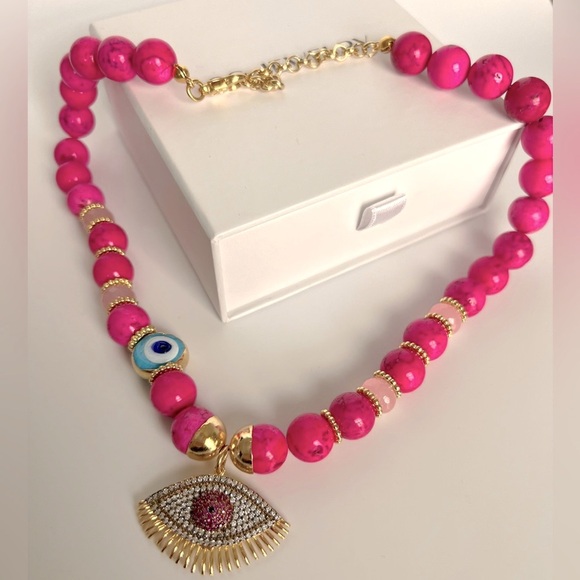 Gemstone Necklace | 22K Gold Plated Pink Agate Stone | Handcrafted Jewelry - Picture 4 of 8